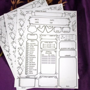 Character Sheet,  Dungeons and Dragons, DND, D&D , Downloadable PDF, Dungeons and Dragons 5E TTRPG Game, Download, Hand drawn