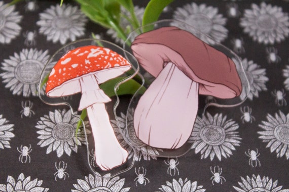 Amanita Mushroom, Boletus Edulis Mushroom, Halloween, Autumn, Fall, Cute, Kawaii 2 Inch Acrylic Pins Butterfly Clutch