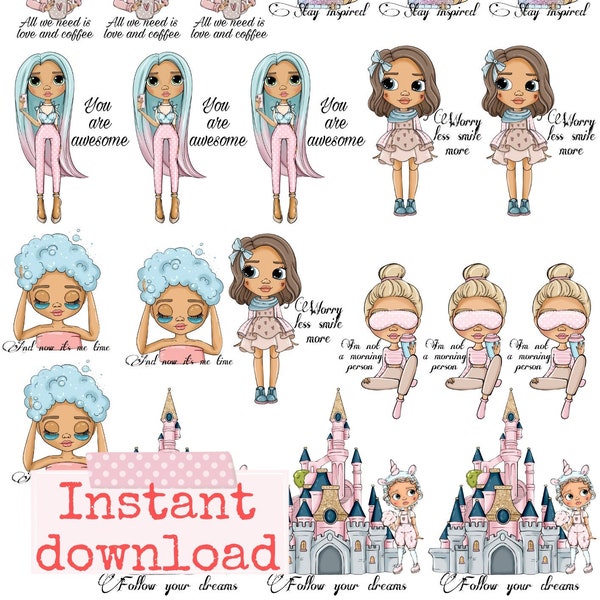 Printable Digital download PNG Blythe doll image fabric iron on decal, cute girl illustration clothes sticker, mini iron on transfer to cut