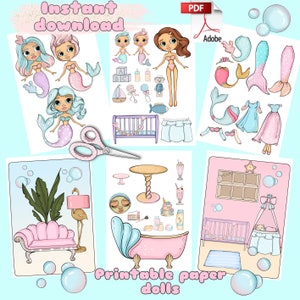 Druckbare Papierpuppe Blythe Meerjungfrau mit Kleidung - Digital PDF sofort-Download, Anziehbild Ausschneidepuppe, girly fleißige Buchaktivität, Mädchenspiel
