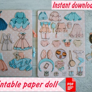 May include: Printable paper doll with a variety of outfits and accessories. The doll has brown hair and blue eyes. The outfits include dresses, skirts, tops, and shoes. The accessories include a headband, a purse, and a flower bouquet. The text "Instant download" and "Printable paper doll" are visible in the image. The text "PDF" is also visible in the image.