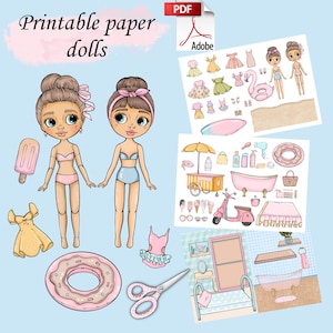 Lalka papierowa Blythe do druku z ubraniami, cyfrowy plik PDF, zajęta książka, domek dla lalek nad morzem, lalka do przebierania, szablon letniej dziewczyny