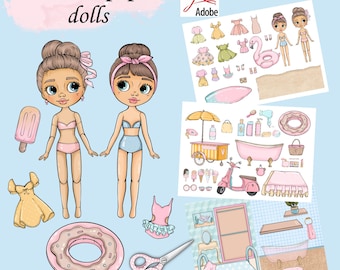 Può includere: Illustrazione digitale di bambole di carta stampabili con accessori. L'immagine presenta due bambole, abiti e vari oggetti come un ghiacciolo, una ciambella e uno scooter. Il testo in alto recita "Printable paper dolls".