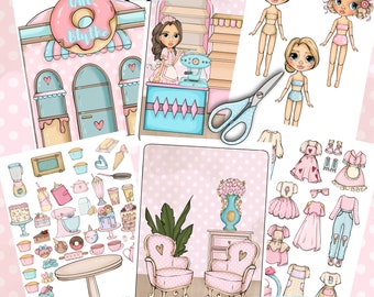 Printable Paper doll Blythe with clothes - Digital PDF instant download, dress up cut out doll, Bakery busy book activity, DIY girls game