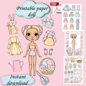 Bambola di carta stampabile primavera Blythe con vestiti - PDF digitale, attività di libro attivo di Pasqua, bambola da tagliare e vestire, modello di ragazza alla moda, fai da te