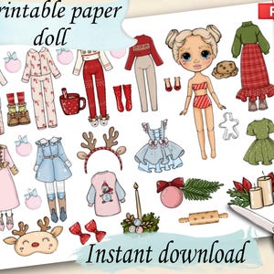 Printable Paper Christmas doll Blythe with clothes and dollhouse, Digital PDF, busy book activity, dress up cut out doll, cute girl template