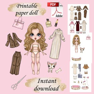 Old Money Paper doll Blythe with dog and clothes - Elegant Printable fashion doll, digital PDF for instant download, dress up cut out doll