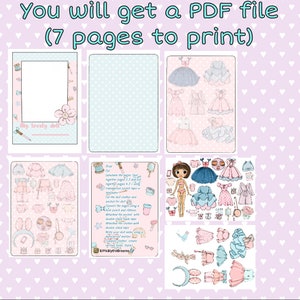 May include: A printable paper doll set with a pink and blue color scheme. The set includes a doll, clothes, and accessories. The instructions on the page say to laminate the pages, cut out the pieces, and assemble the doll. The text on the page reads "My lovely doll".