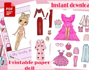 Printable Paper doll Blythe Valentine's Day with clothes - Digital PDF, dress up cut out doll, busy book activity, fashion girl template