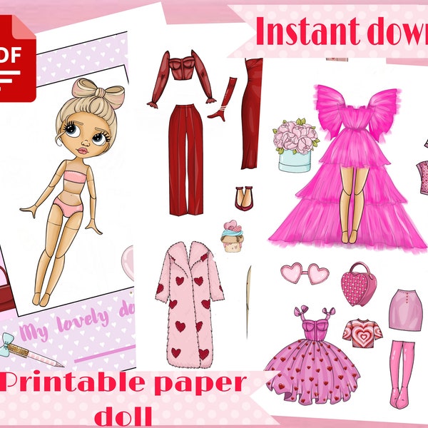 Printable Paper doll Blythe Valentine's Day with clothes - Digital PDF, dress up cut out doll, busy book activity, fashion girl template