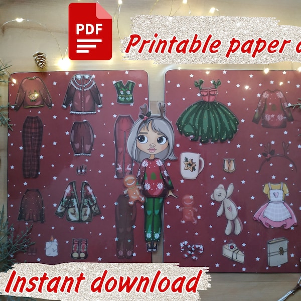 Printable Christmas Paper doll Blythe and clothes - Digital PDF, dress up cut out doll, busy book activity, fashion girl template, DIY craft