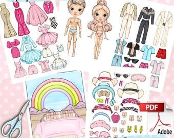 May include: Printable paper dolls with a variety of outfits and accessories. The dolls are a boy and a girl with blonde hair. The outfits include a pink dress, a blue dress, a white dress, a red dress, a blue shirt, a white shirt, a black shirt, a red shirt, a pair of jeans, a pair of black pants, a pair of white pants, a pair of red shorts, a pair of blue shorts, a pair of white shorts, a pair of sunglasses, a pair of cowboy boots, a cowboy hat, a headband, a bow, a purse, a rainbow, a car, and a beach scene.