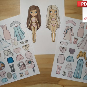 Printable Paper doll Blythe twins in Paris with clothes - Digital PDF, dress up cut out doll, busy book activity, fashion girl template, DIY