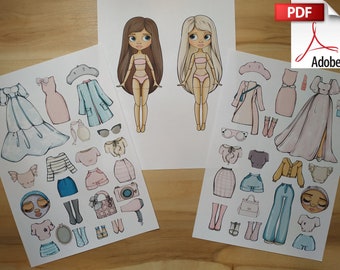 Printable Paper doll Blythe twins in Paris with clothes - Digital PDF, dress up cut out doll, busy book activity, fashion girl template, DIY