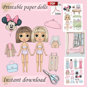 Druckbare Papierpuppe Blythe Zwillinge in Paris mit Kleidung - Digital PDF, Puppe Ankleiden, fleißige Buchaktivität, Mode Mädchen Vorlage, DIY