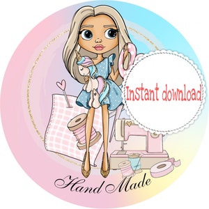 Printable Hand Made sticker for craft/ sewing small business, Digital packaging/ mail round stickers bundle Png, Thank you circle label/ tag
