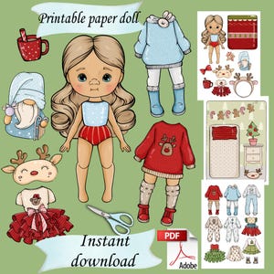 Afdrukbare papieren kerstpop Blythe met kleding en poppenhuis, digitale pdf, drukke boekactiviteit, aankleden uitgesneden pop, schattig meisjessjabloon