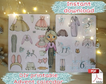 May include: Printable DIY Advent calendar featuring a girl doll with interchangeable outfits and accessories. The calendar includes numbers 1 through 24, a unicorn rocking horse, and a variety of Christmas-themed items.