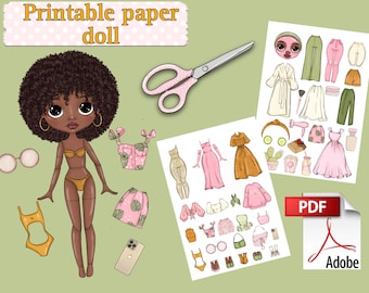 May include: Printable paper doll with a black and brown afro hairstyle, wearing a yellow bikini. The doll is surrounded by various clothing items and accessories, including a pink and green floral top, a pink and green floral skirt, a yellow swimsuit, a pair of sunglasses, and a smartphone. The image also includes a PDF icon with the text "Adobe".