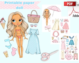 Printable Paper doll summer Blythe with clothes - Digital PDF, girly busy book activity, dress up cut out doll, fashion girl template, DIY