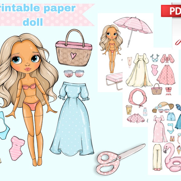 Printable Paper doll summer Blythe with clothes - Digital PDF, girly busy book activity, dress up cut out doll, fashion girl template, DIY