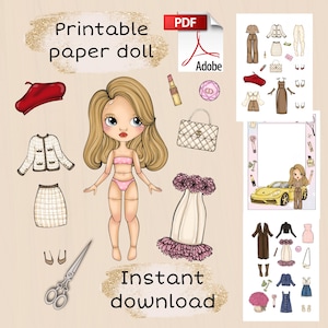 Old Money Paper doll Blythe with clothes - Elegant Printable fashion doll, digital PDF for instant download, dress up cut out doll