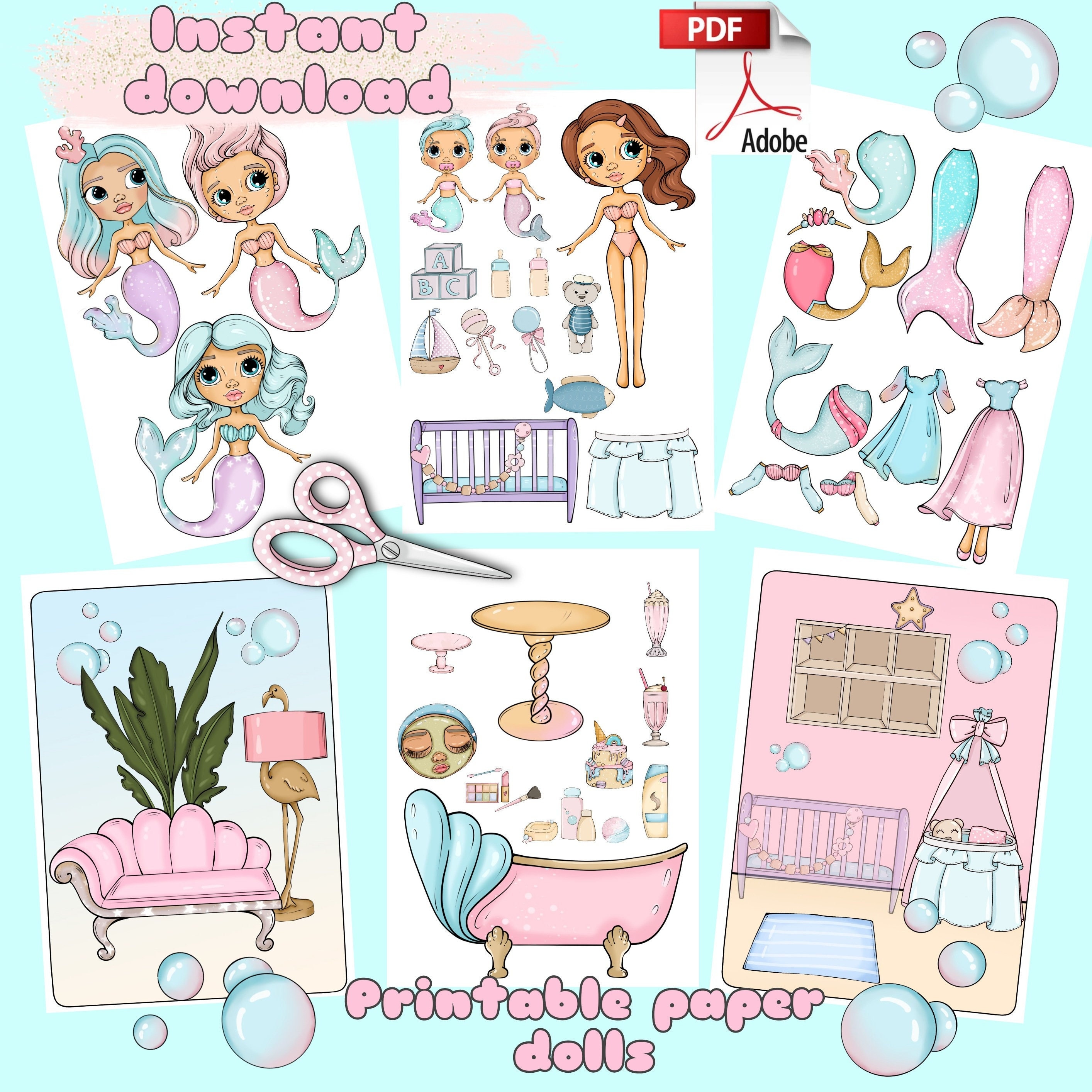 Printable Paper doll Blythe mermaid with clothes - Digital PDF instant download, dress up cut out doll, girly busy book activity, girls game