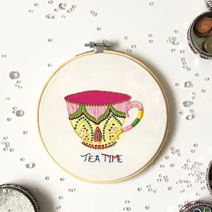 Tea Time Embroidery Kit, needlecraft kit, embroidery pattern, beginners needlecraft kit, modern embroidery kit, hoop art, embroidery art kit