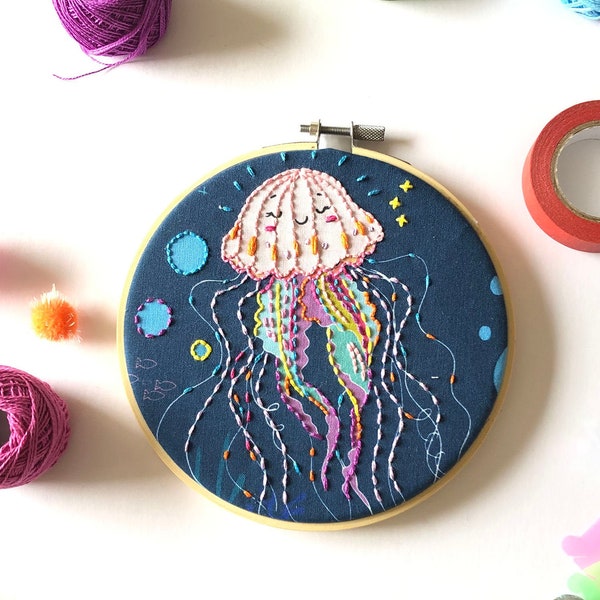 Cute Sea Embroidery Kit, kit di cucito, modello di ricamo, kit di cucito per principianti, kit di ricamo moderno, arte del cerchio, kit di ricamo