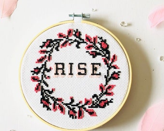 RISE Cross Stitch Kit, needlecraft kit, cross stitch pattern, beginners needlecraft kit, modern cross stitch, wall art, cross stitch