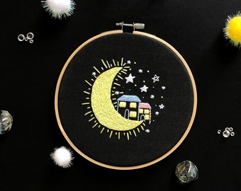 Moon House Embroidery Kit, needlecraft kit, embroidery pattern, beginners needlecraft kit, modern embroidery kit, hoop art, embroidery art