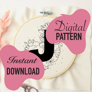 Letter &quot;J&quot; digital download PDF/ floral embroidery pattern /personalised embroidery template/ embroidery digital download PDF / transfer PDF