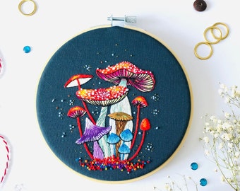 Fire Fungi Mushroom Embroidery Kit, needlecraft kit, embroidery pattern, beginners embroidery kit, modern embroidery kit, wall art