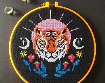 Tiger Moon Cross Stitch Kit, sewing kit, cross stitch pattern, beginners cross stitch, modern cross stitch kit, hoop art, cross stitch art