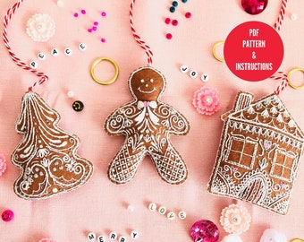3 Embroidered felt Christmas ornaments pdf, beginners embroidery, christmas ornament, christmas tree decoration, craft gift, Gingerbread man