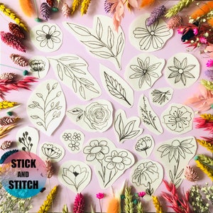 Floral Stick and Stitch embroidery transfers, embroidery pattern, embroidery transfer, embroidery, embroidery patches, craft kit, craft gift