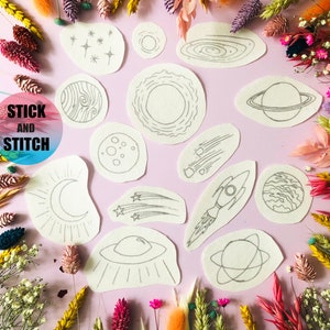 Space Stick and Stitch embroidery transfers, embroidery pattern, embroidery transfer, embroidery, embroidery patches, craft kit, craft gift