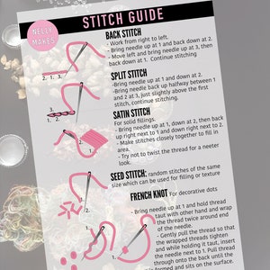 May include: A guide to different embroidery stitches, including back stitch, split stitch, satin stitch, seed stitch, and French knot. Each stitch is illustrated with a pink thread and a needle.