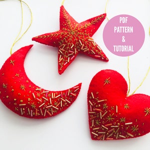 Embroidered felt Christmas ornament pdf, beginners embroidery, christmas ornament, christmas tree decoration, craft gift, heart, moon, star