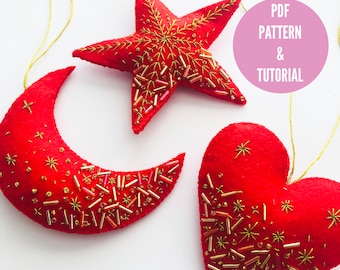 Embroidered felt Christmas ornament pdf, beginners embroidery, christmas ornament, christmas tree decoration, craft gift, heart, moon, star