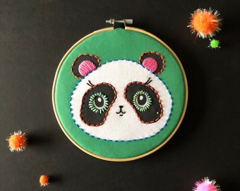 Pretty Panda Embroidery Kit, needlecraft kit, embroidery pattern, beginners needlecraft kit, modern embroidery kit, hoop art, embroidery kit