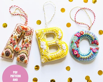 Embroidered felt alphabet ornaments pdf, beginners embroidery, christmas ornament, christmas tree decoration, craft gift, alphabet ornaments