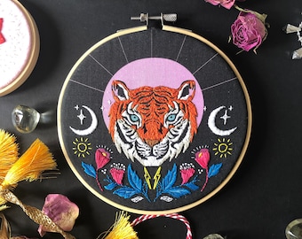 Tiger Moon Embroidery Kit, needlecraft kit, embroidery pattern, beginners embroidery kit, modern embroidery kit, wall art, embroidery