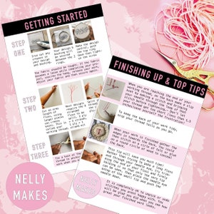 May include: A pink and white guide with instructions on how to get started and finish up embroidery projects. The guide includes steps on how to prepare the fabric, thread, and knots. It also includes tips on how to finish the embroidery project, such as how to secure the back of the work and how to trim the threads.