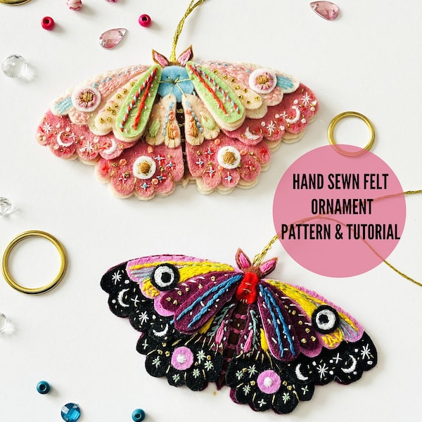 PDF Carnival Moth Ornaments, beginners embroidery, felt ornament, christmas tree decoration, craft gift, sewing kit, sewing tutorial, craft