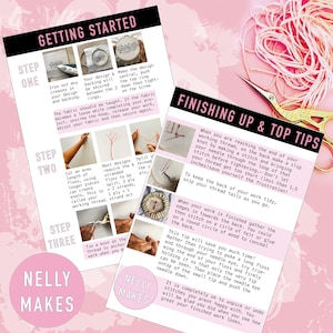May include: A pink and white guide with instructions on how to get started and finish up embroidery projects. The guide includes steps on how to prepare the fabric, thread, and knots. It also includes tips on how to finish the embroidery project, such as how to secure the back of the work and how to trim the threads.
