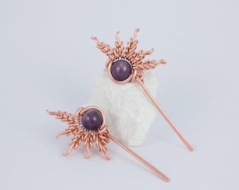 Sunbeam Earrings in Amethyst - Copper Gemstone Jewelry - Post-Earrings with Natural Stones - Sustainable gift