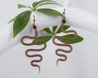 Copper Serpent Hook Earrings: Obsidian Snake Jewelry