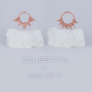 May include: Two rose gold nose rings with a sunburst design. The text "CELESTIAL + ONE GIFT" is below the rings.