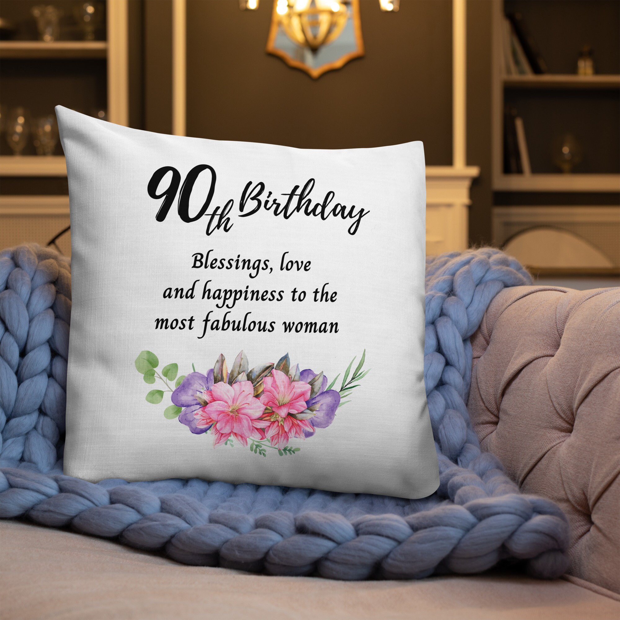 Mamá abuela 90 cumpleaños regalo ropa amada hombres mujeres 90 años de edad  floral 90 cumpleaños Throw almohada, 18 x 18, multicolor